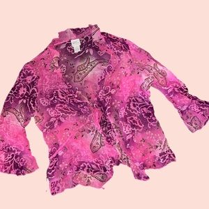 Vintage 100% Silk Pink Paisley Ruffle Tie Front Blouse